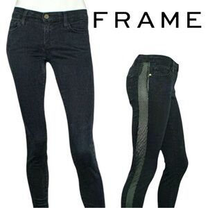 FRAME Denim Black Le Skinny Tuxe Stripe Jeans Mesh Inset Stretch Ankle Size 27